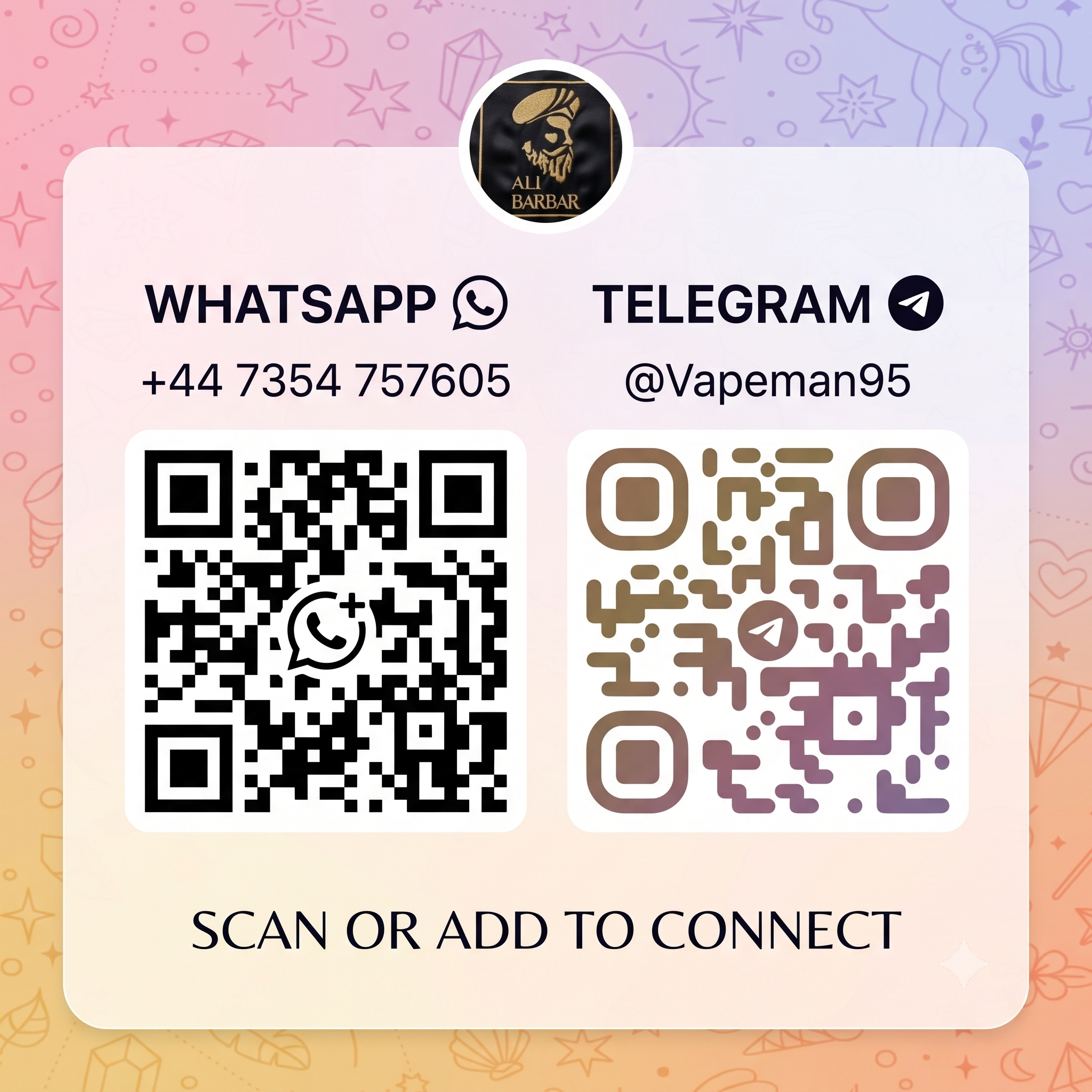VapeRoute WhatsApp and Telegram contact QR codes